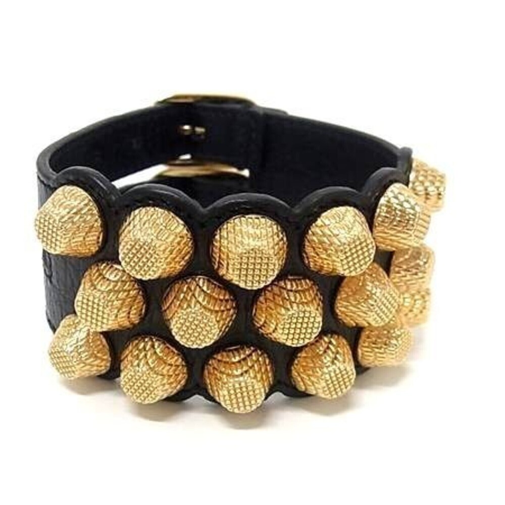 BALENCIAGA Giant Double Strap Bracelet, Black Gold Leather Metal Studs, Women's